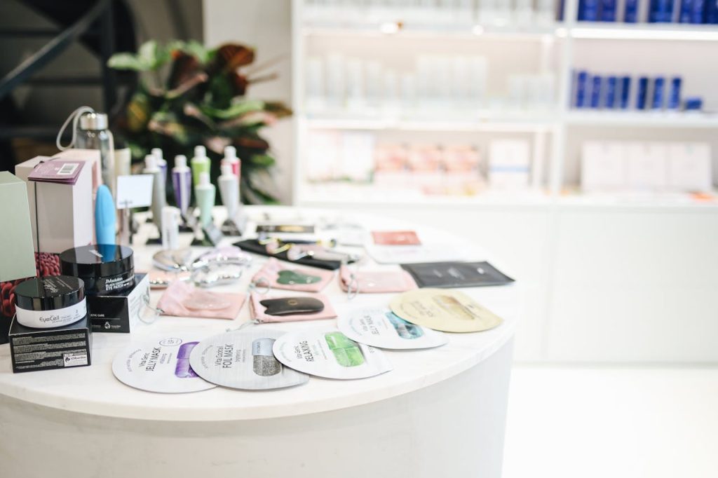 Wide selection of skincare and beauty products displayed in a modern retail setting.